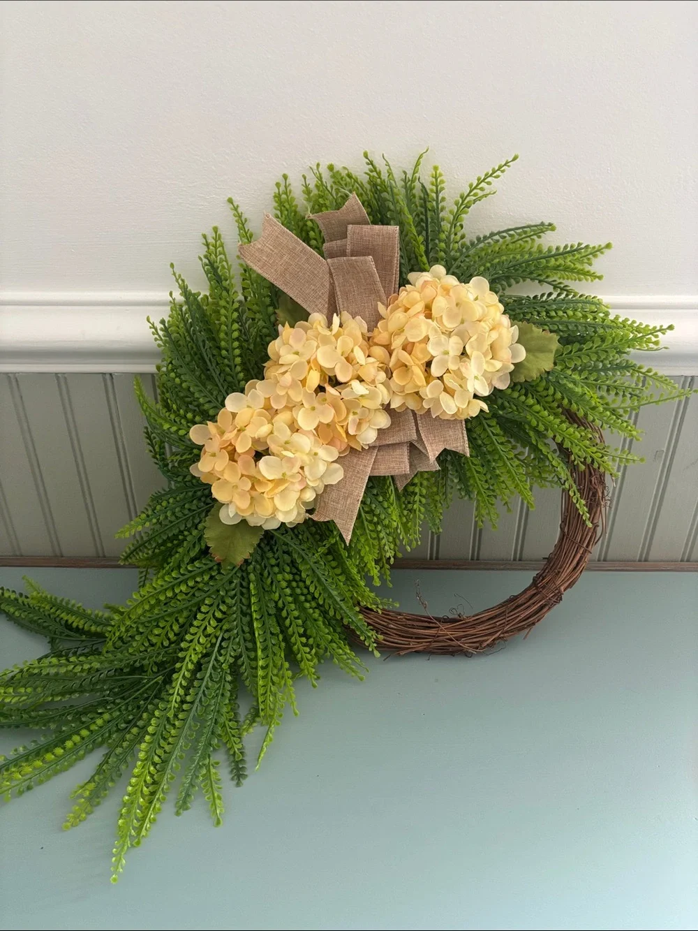 Floral decor/Green Fern and Cream Hydrangea Wreath with Burlap Bow